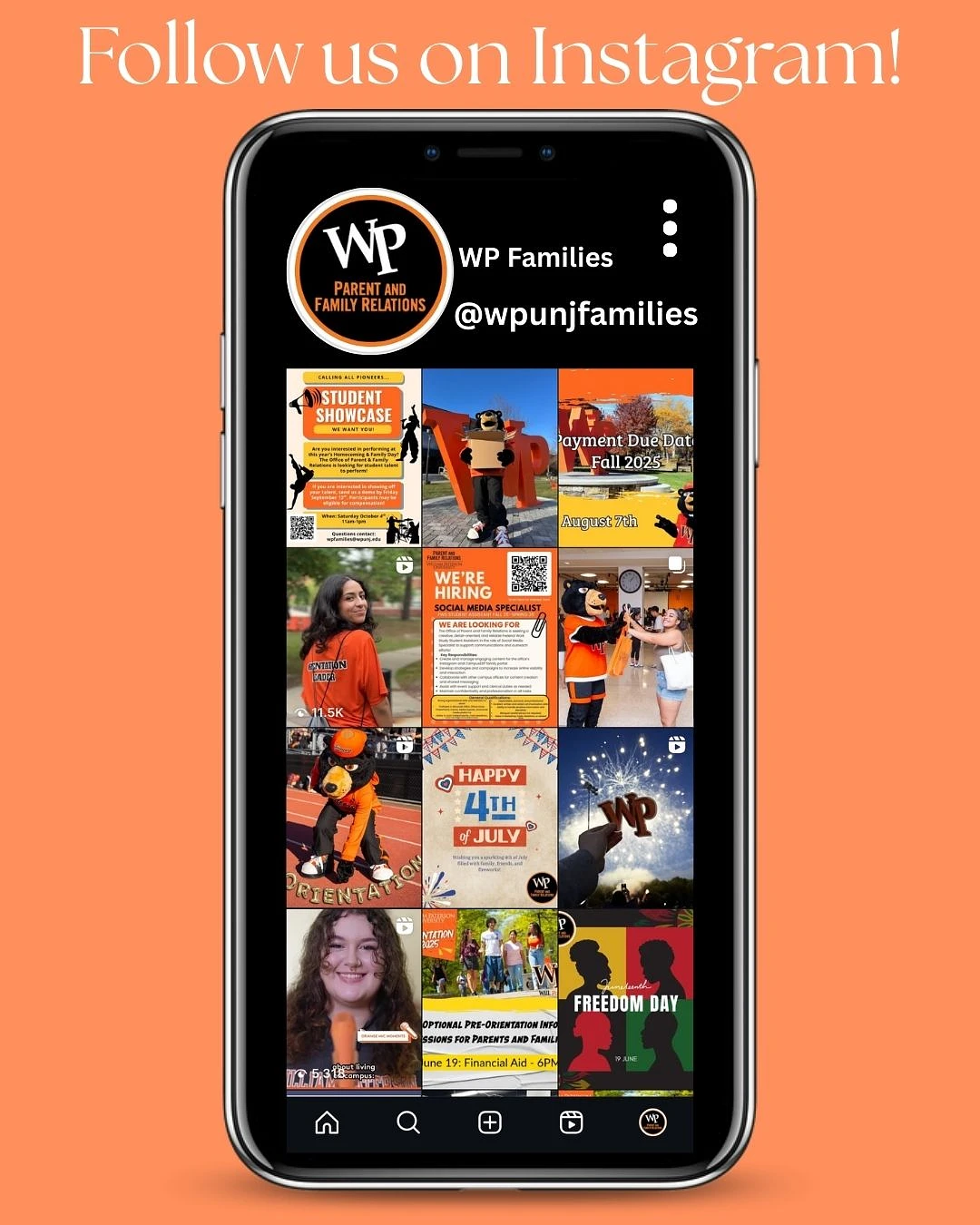 The image shows a smartphone displaying the Instagram profile of "WP Families" with a vibrant collage of posts, inviting followers to join them on the platform.