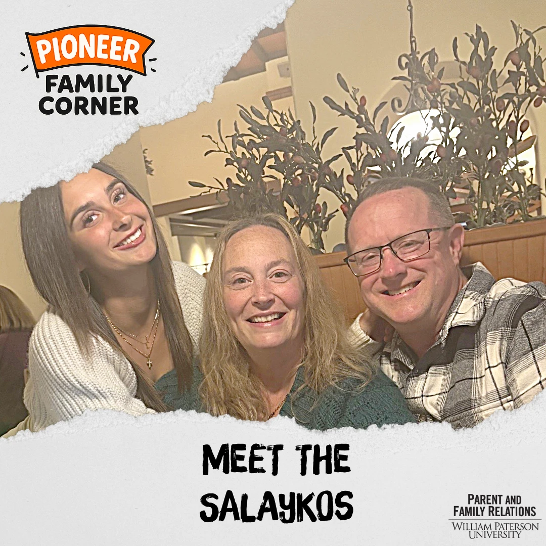 A family of three people posing for a picture with a caption reading "Meet the Salaykos" on a white background.