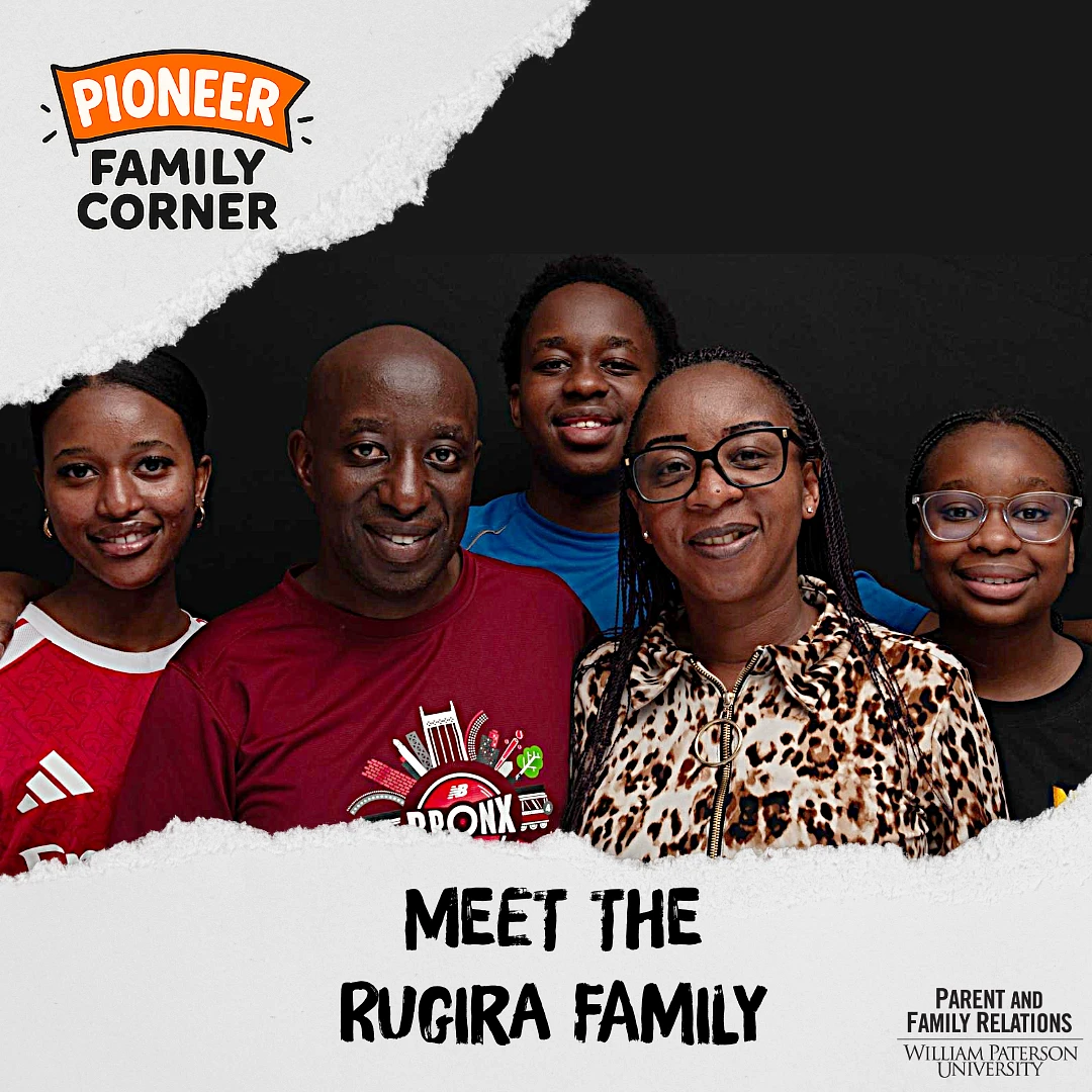 A smiling family of five is featured in a promotional image for Pioneer Family Corner at William Paterson University.