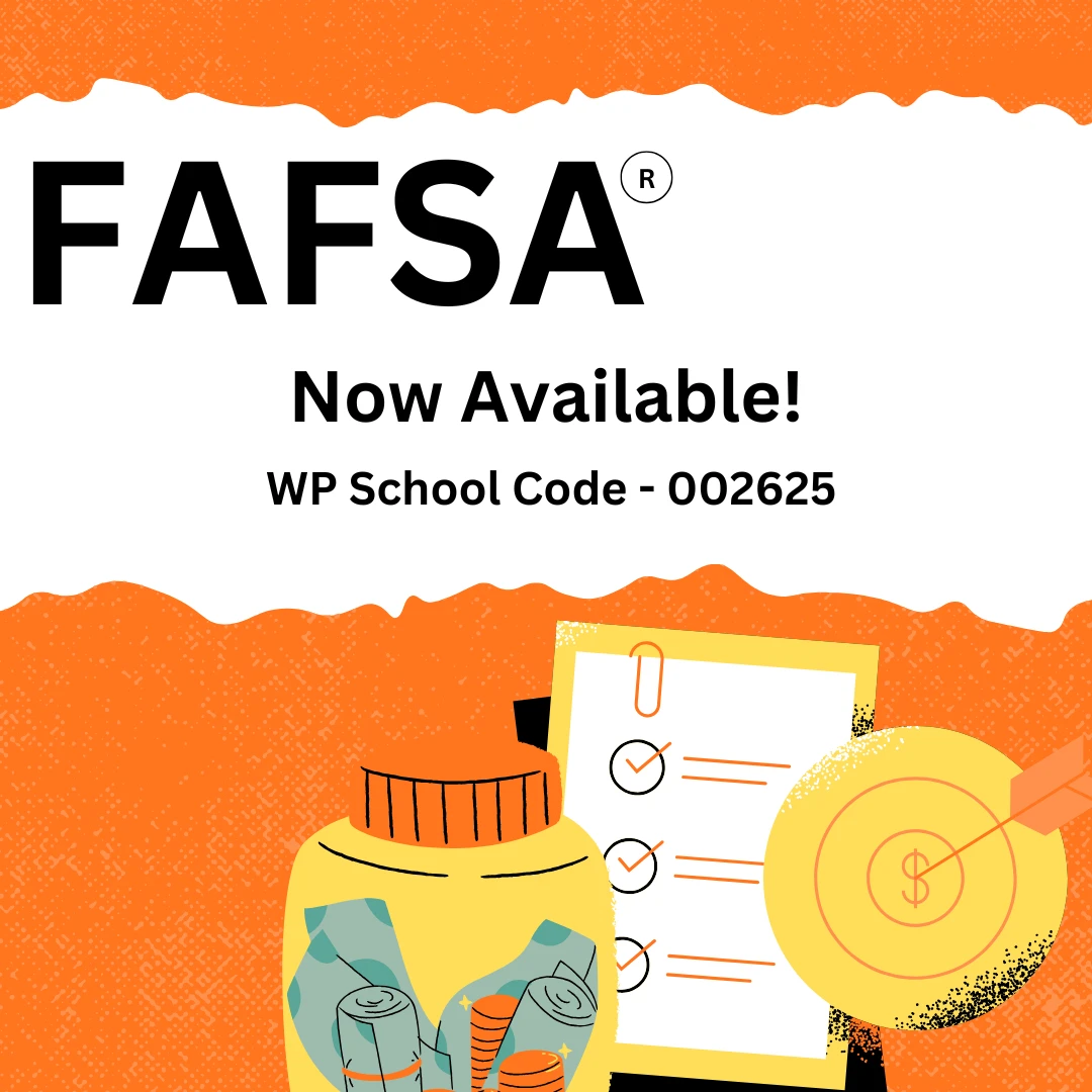 Announcement of FAFSA availability with orange and white colors.