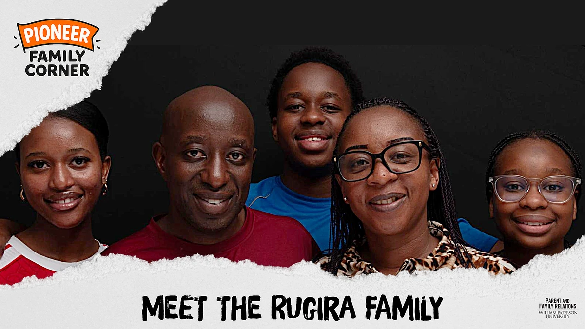 A family portrait of five people titled "Meet the Rugira Family" with a "Pioneer Family Corner" logo in the corner.