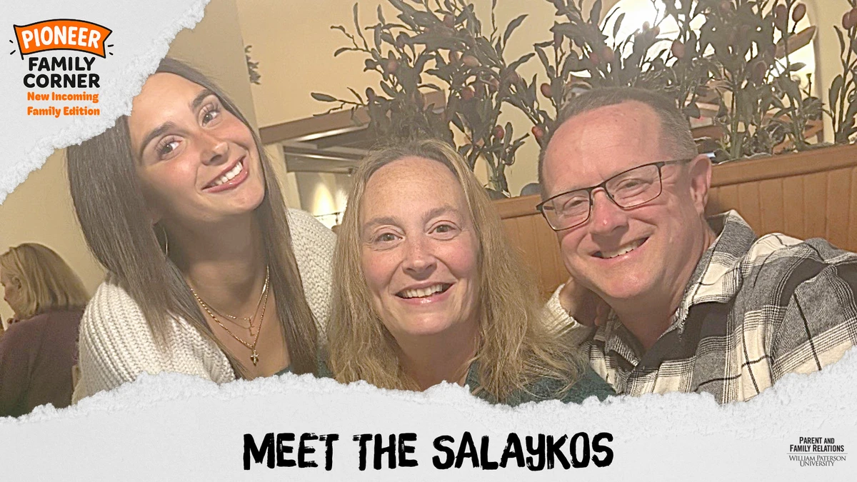 A smiling family poses for a photo labeled "Meet the Salaykos" with a Pioneer Family Corner theme.