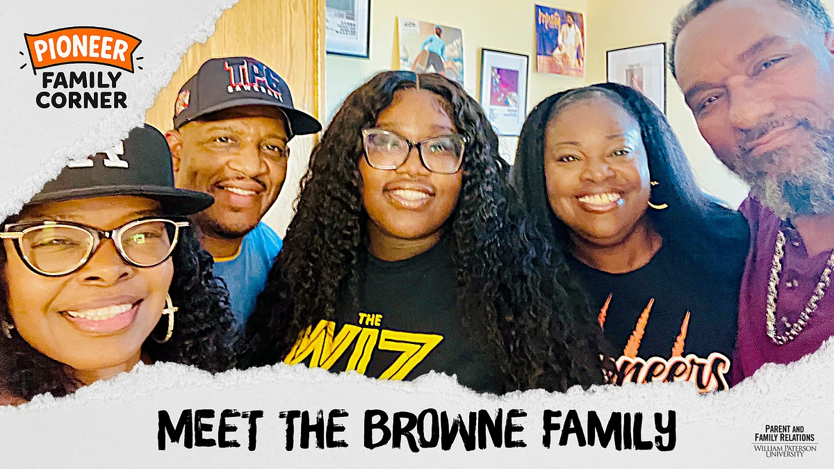 A group of five people, smiling together, is featured in an image labeled "Meet the Browne Family" from Pioneer Family Corner.